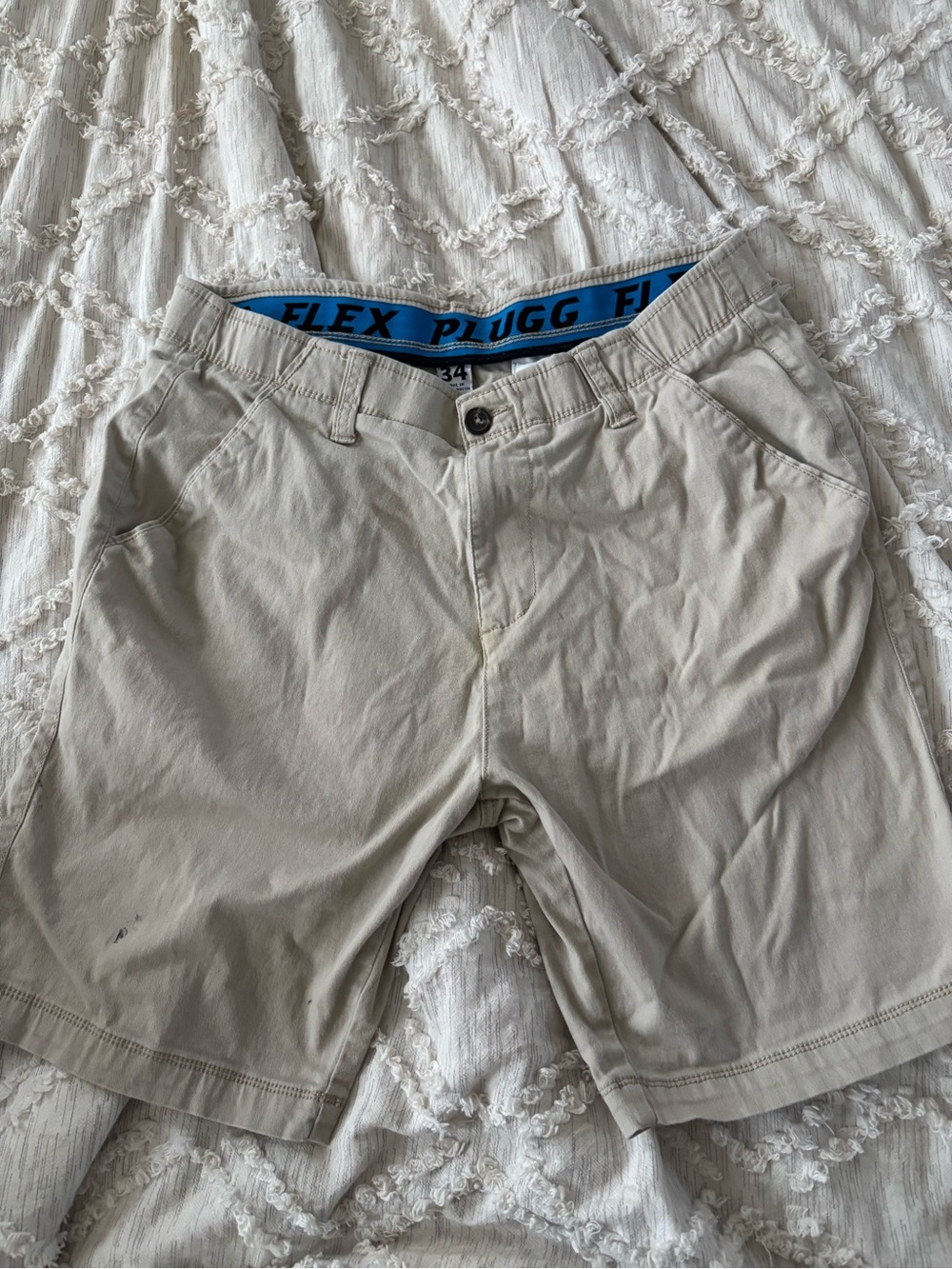 Plugg Men's Light Khaki Stretch Flat-Front Shorts with Blue Waistband